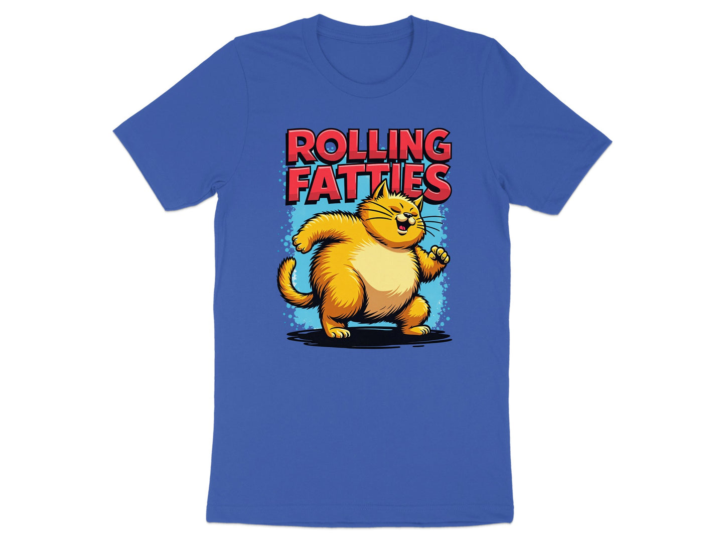 Cartoon cat with text "ROLLING FATTIES" on a blue t-shirt.