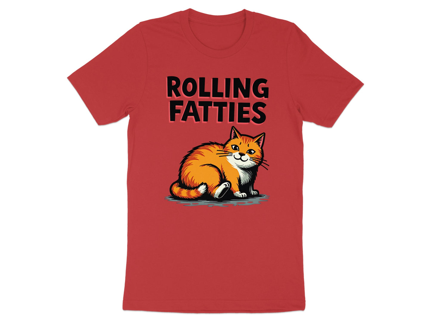 Red t-shirt with "ROLLING FATTTIES" text and cartoon orange cat.