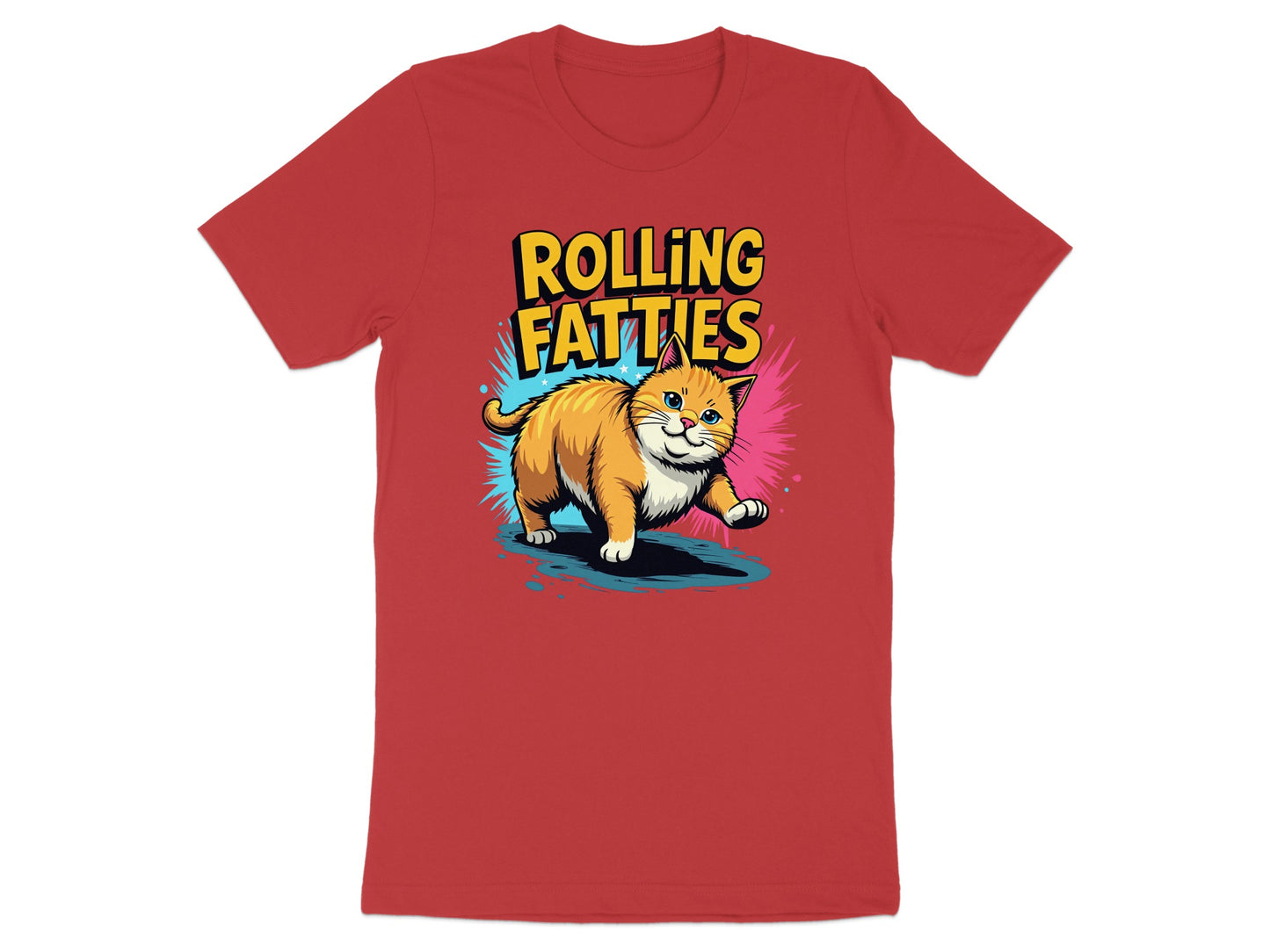 Red t-shirt with a cartoon cat and "Rolling Fatties" text.