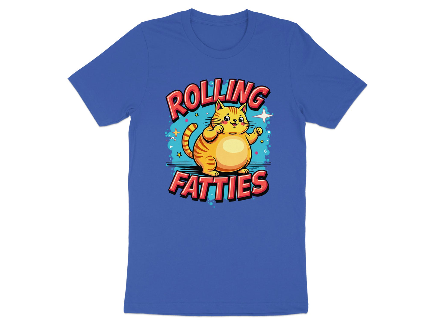 Cartoon cat with "Rolling Fatties" text on a blue t-shirt.
