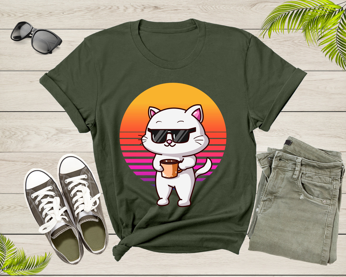 Cool Cat Kitten Kitty Animal with Sunglasses Holds Coffee T-Shirt Retro Cat Kitten Shirt for Men Women Kids Boys Girls Teens Graphic Tshirt