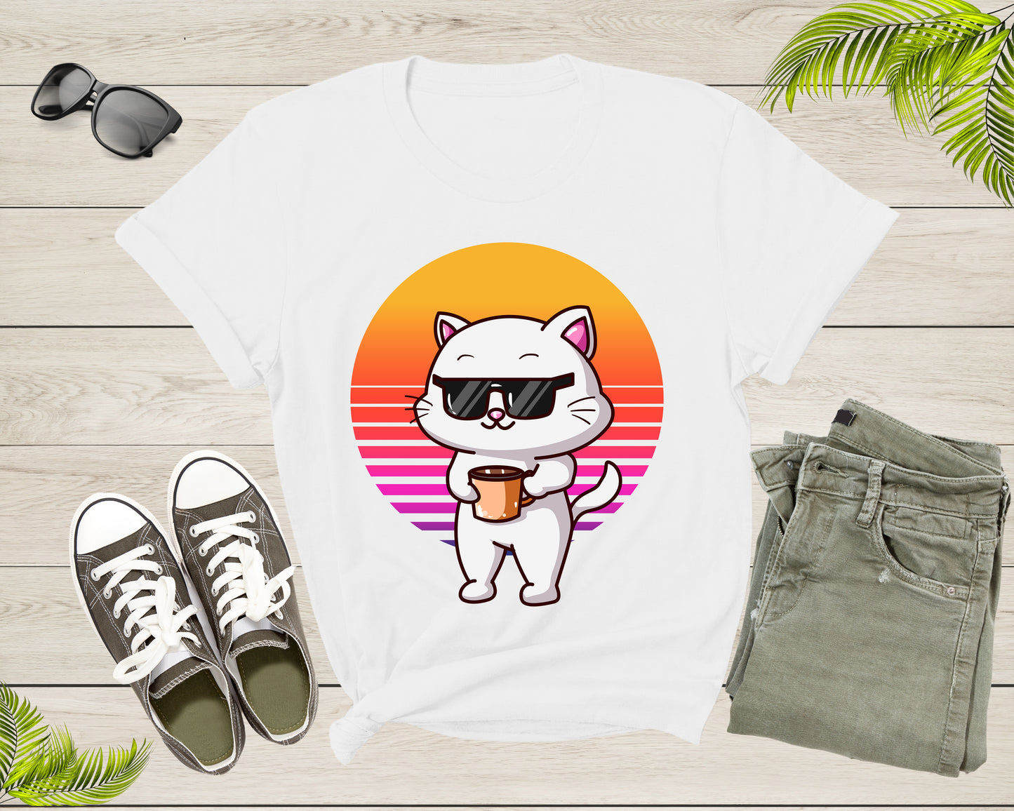 Cool Cat Kitten Kitty Animal with Sunglasses Holds Coffee T-Shirt Retro Cat Kitten Shirt for Men Women Kids Boys Girls Teens Graphic Tshirt