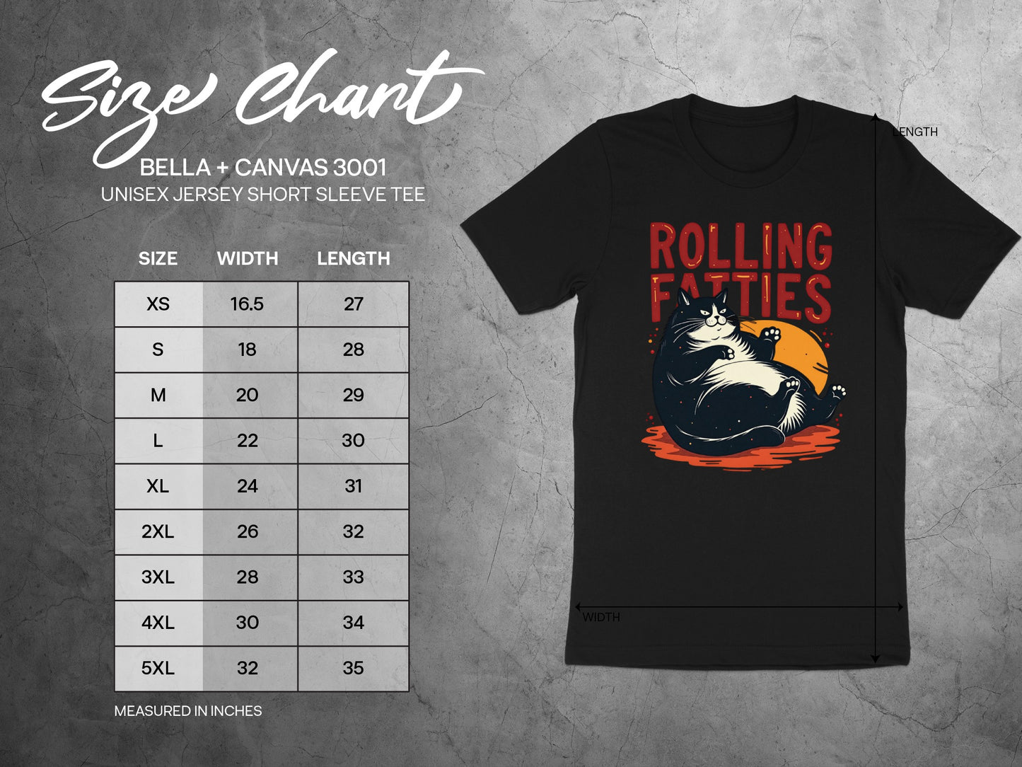Size chart with unisex Bella+Canvas tee featuring "Rolling Fatties" graphic.