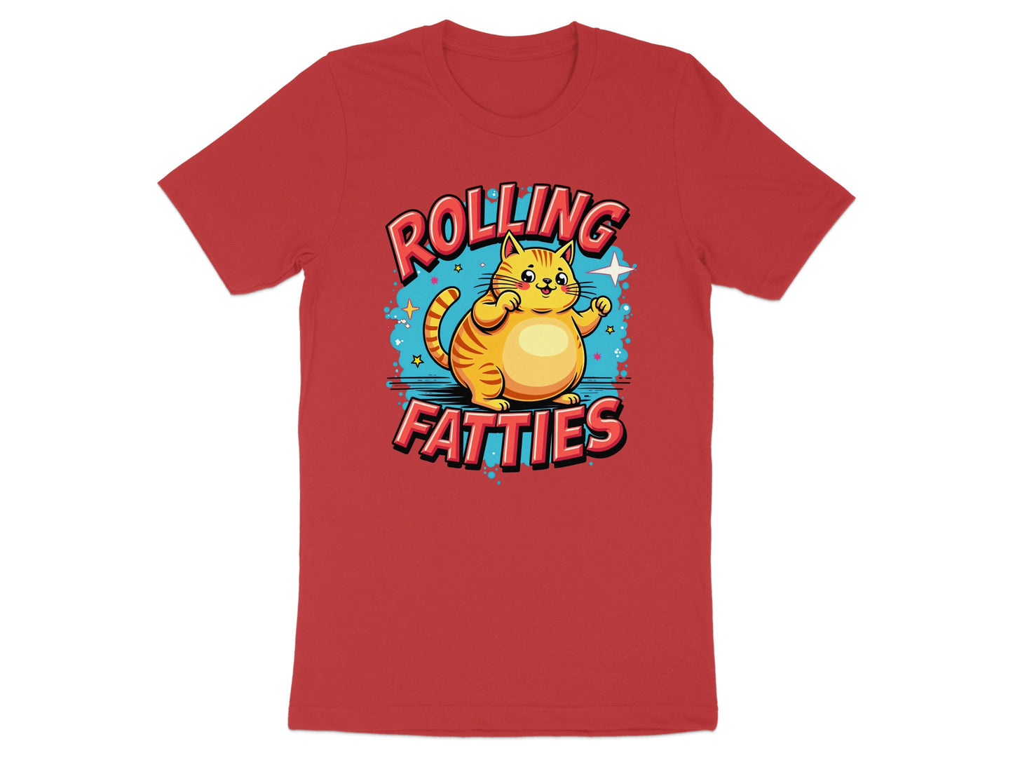 Red t-shirt with cartoon cat and "Rolling Fatties" text.