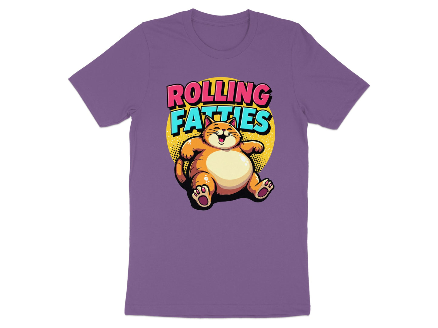 Chubby cartoon cat with "ROLLING FATTIES" text on a purple t-shirt.
