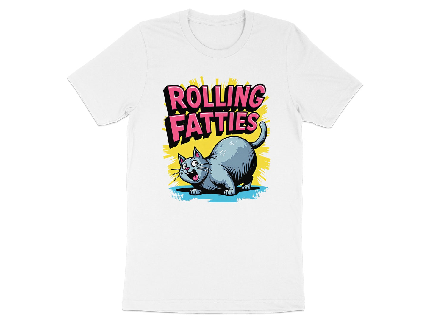 Cartoon cat with "ROLLING FATTIES" text, on a white t-shirt.