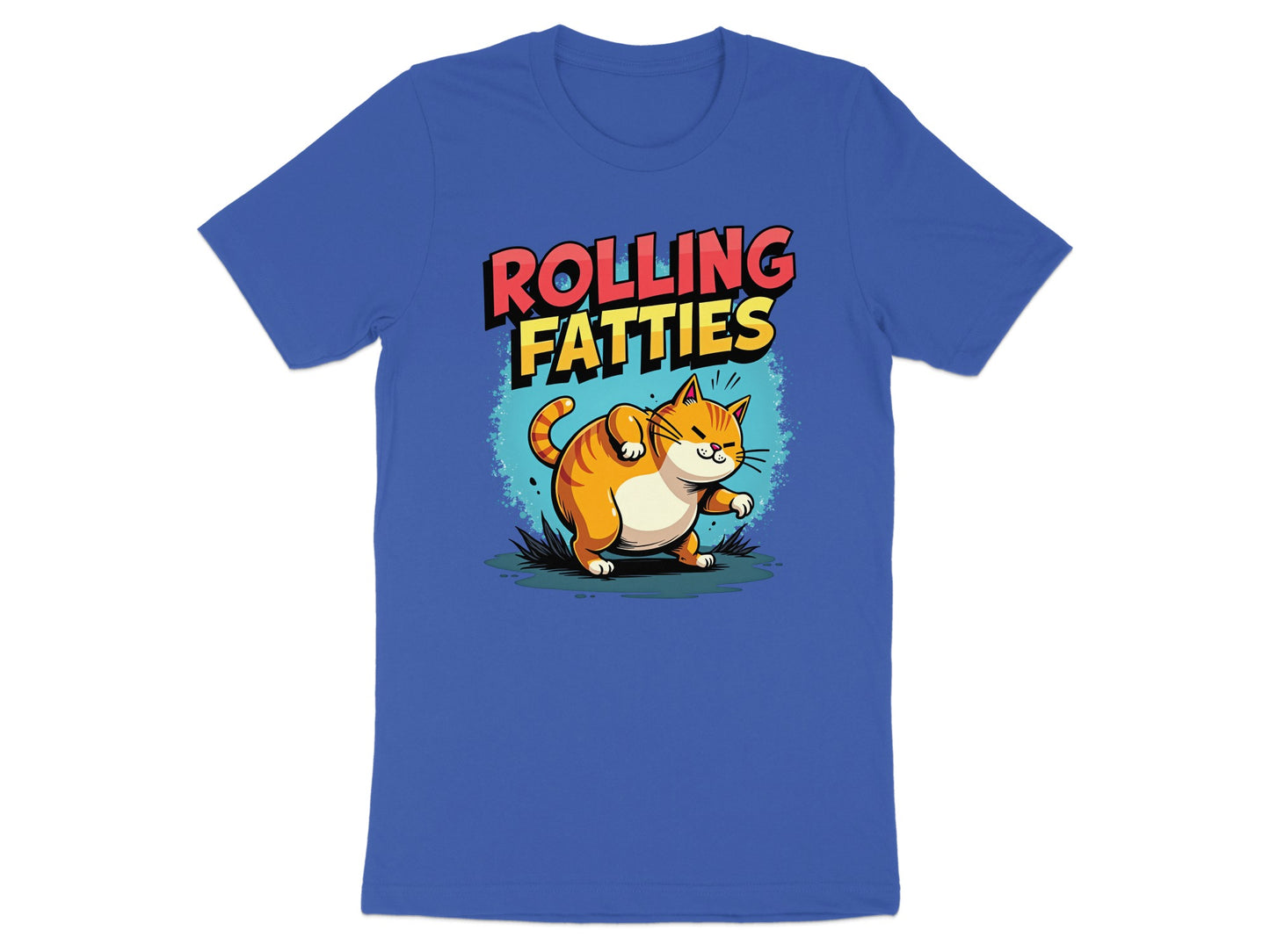 Blue t-shirt with cartoon cat and text "ROLLING FATTIIS".