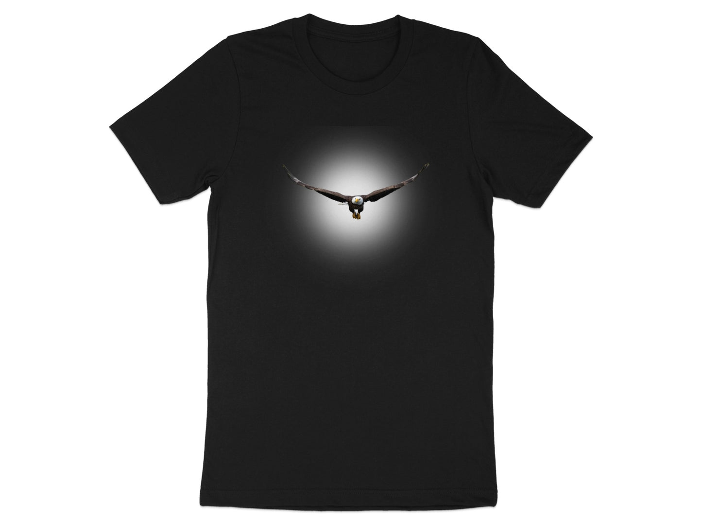 Black t-shirt with a bald eagle in flight centered on the chest against a light halo.
