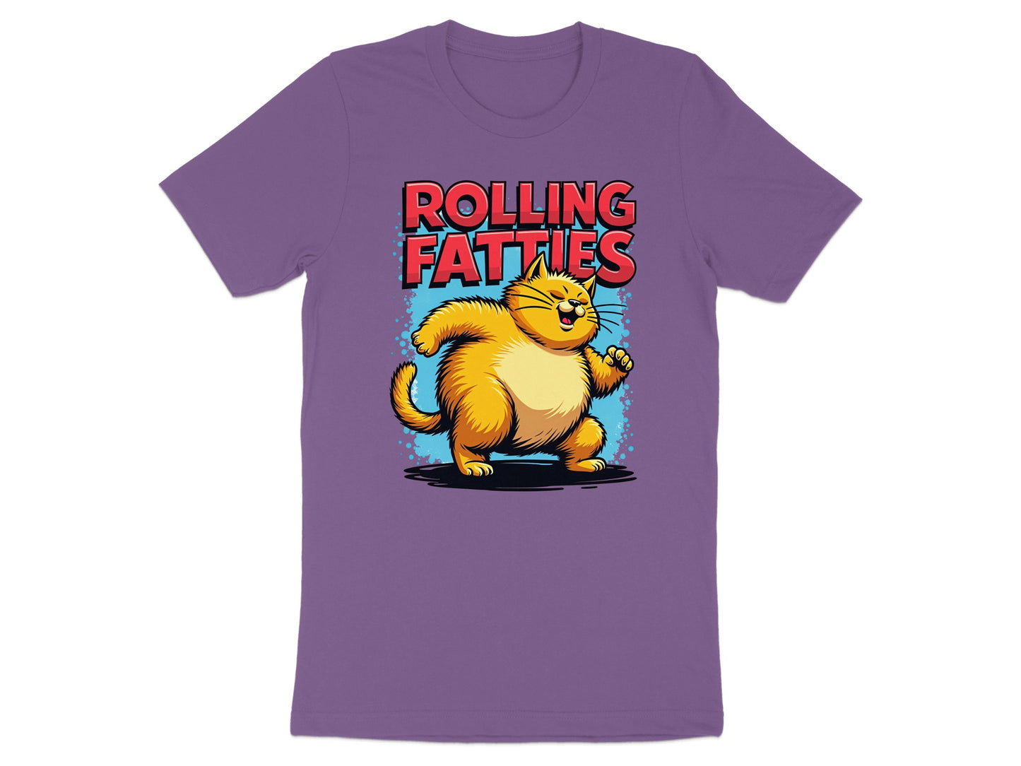 T-shirt with orange cartoon cat dancing and text "ROLLING FAT TIES".