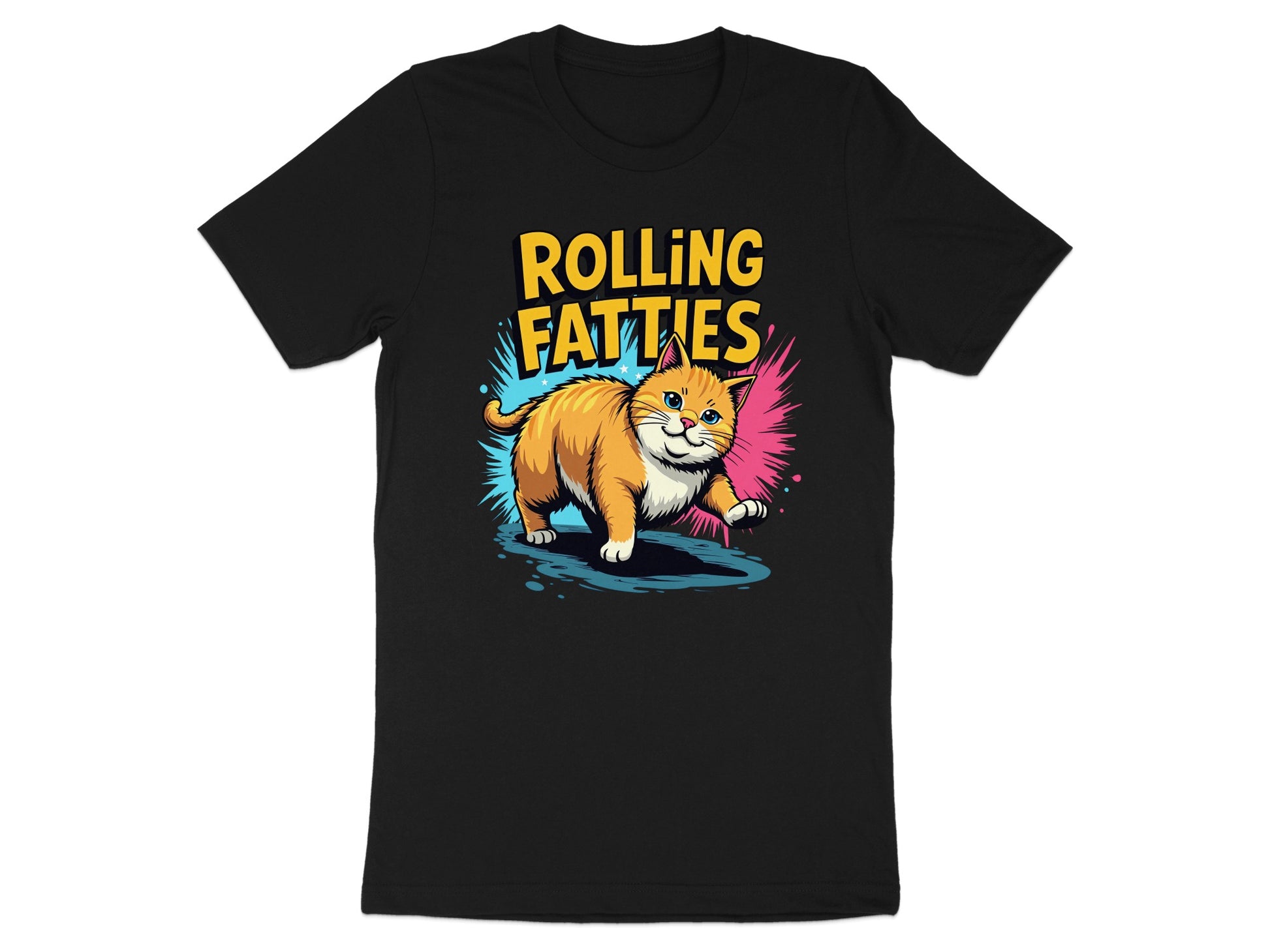 Black t-shirt with cartoon orange cat and "ROLLING FATTTIES" text.