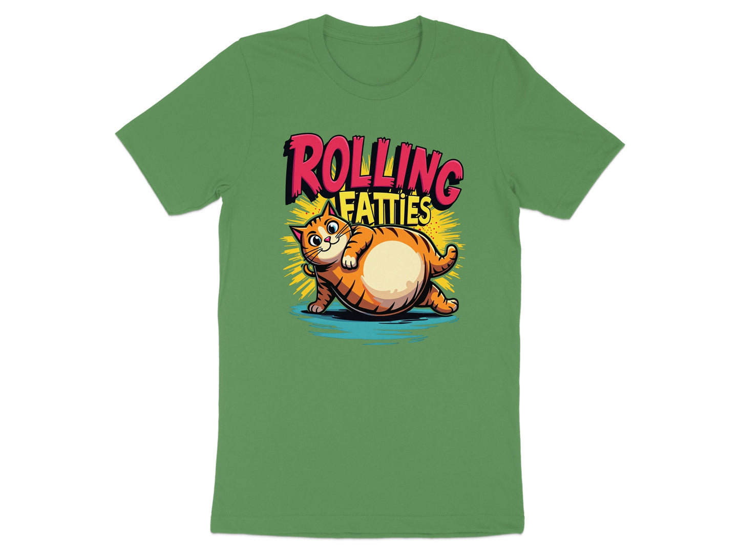 Cartoon fat cat with arms raised, text reads "ROLLING FATTTIES".