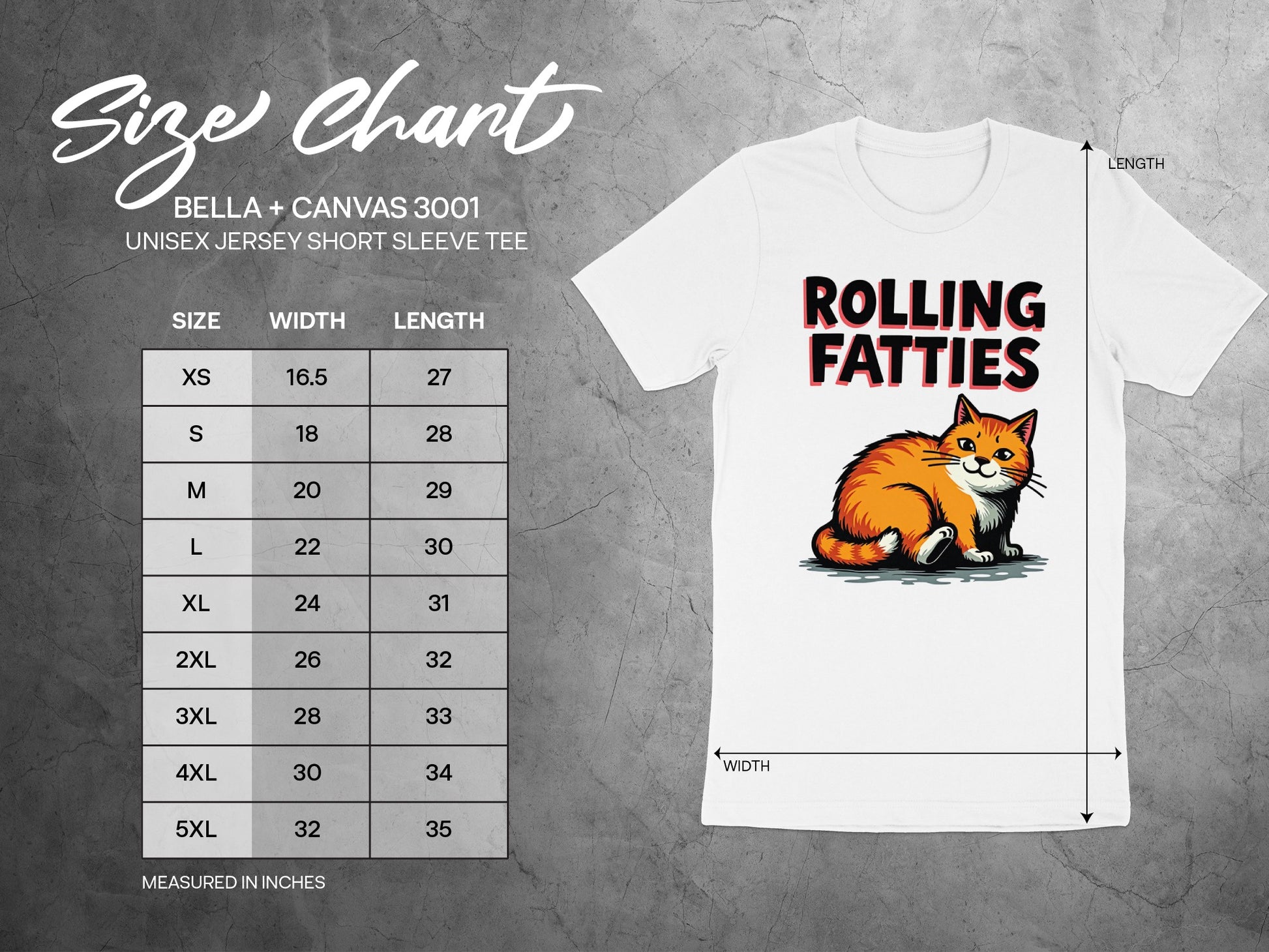 Size chart for Bella + Canvas 3001 unisex tee, with sizes XS-5XL.
