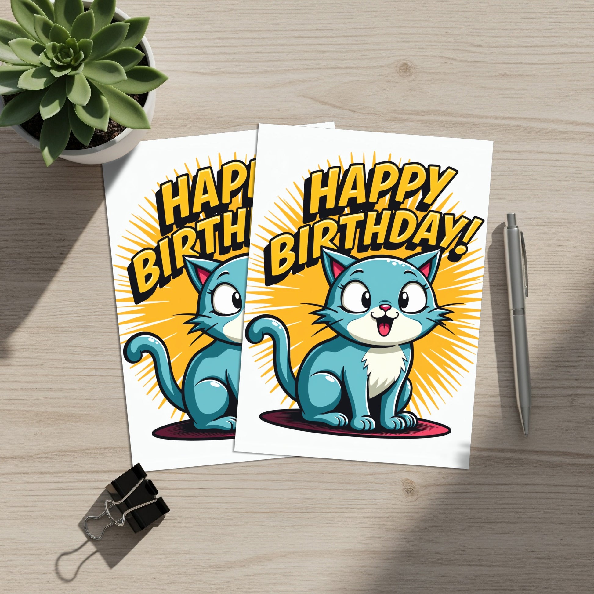 Two blue cartoon cats on "Happy Birthday" cards with radiating yellow lines.