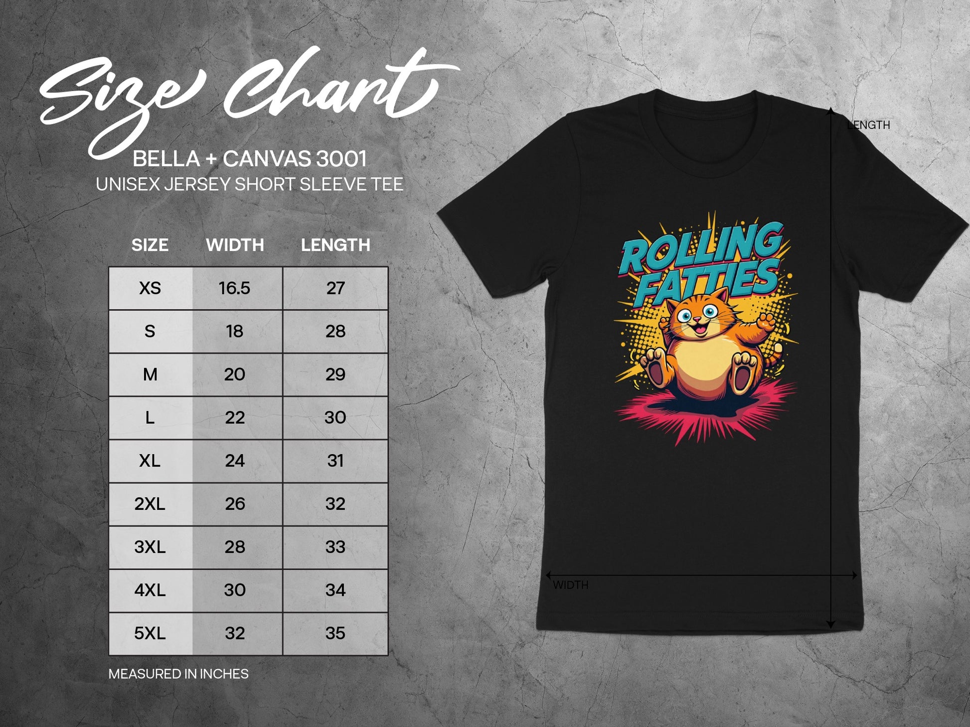 BELLA+CANVAS 3001 unisex t-shirt size chart with measurements.