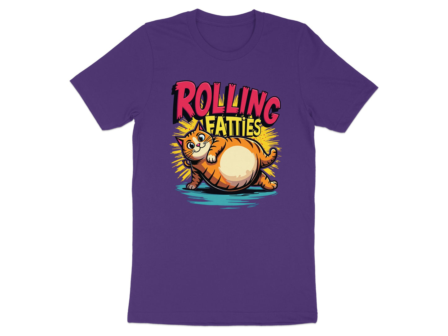 Purple t-shirt with cartoon cat saying "ROLLING FATTIES".