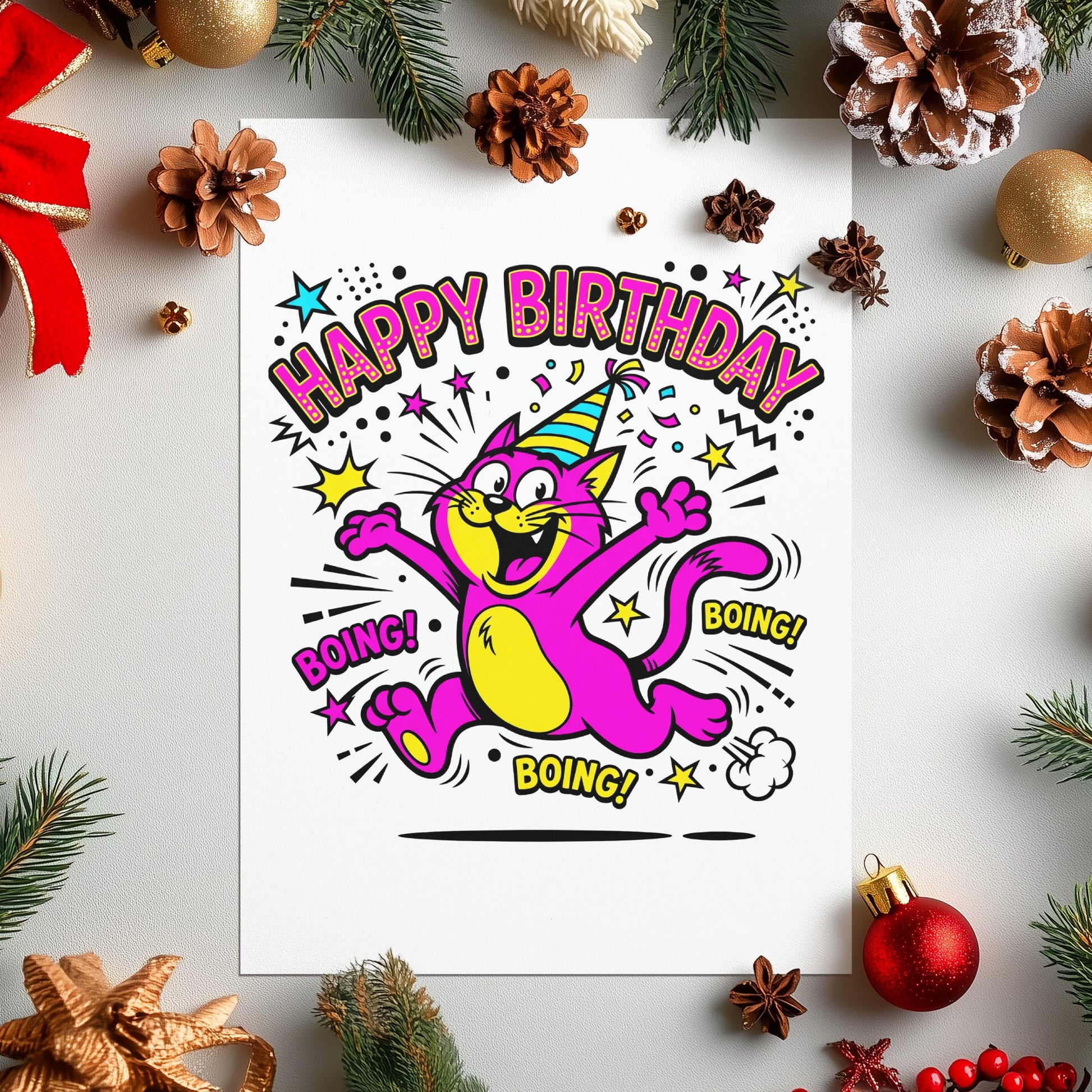 Cartoon cat with "Happy Birthday" text, wearing party hat, jumping.