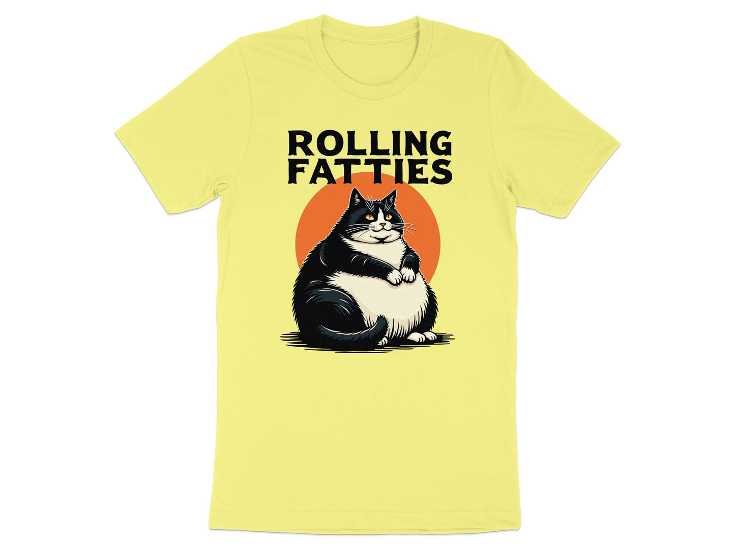 Yellow t-shirt with "ROLLING FATTY" text and a cartoon fat cat.
