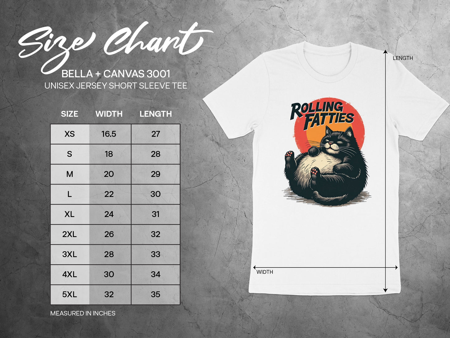 Size chart for Rolling Fatties Bella + Canvas 3001 unisex t-shirt.