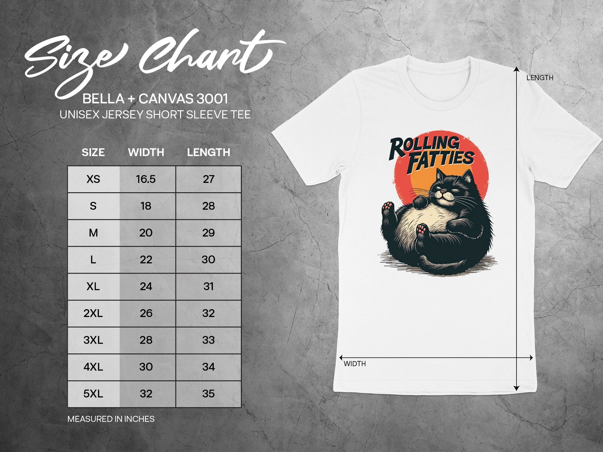 Size chart for Rolling Fatties Bella + Canvas 3001 unisex t-shirt.