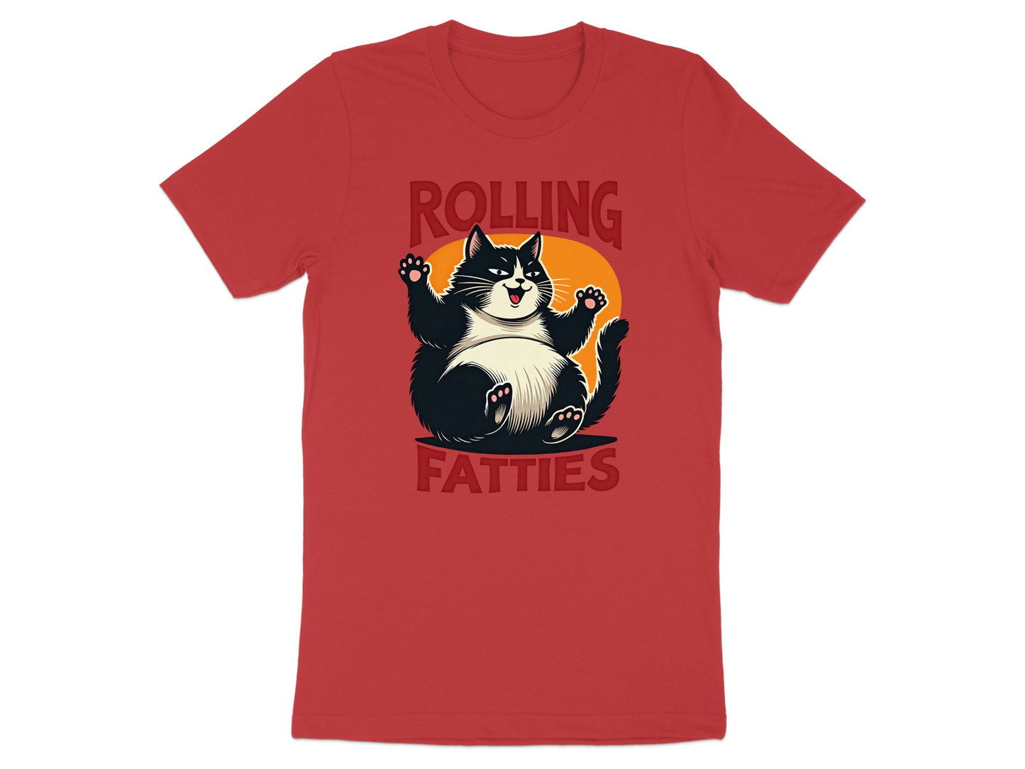 A black and white cat with arms raised, on a red t-shirt, with text "ROLLING FATTIES".