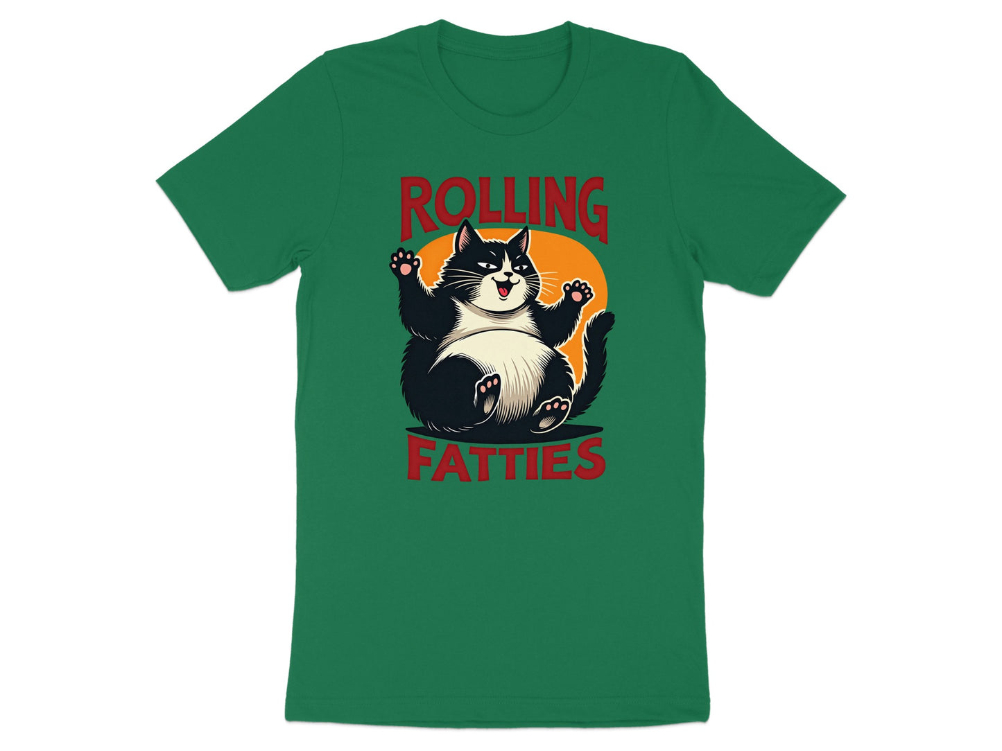 Green t-shirt with cartoon cat and "ROLLING FATTIES" text.