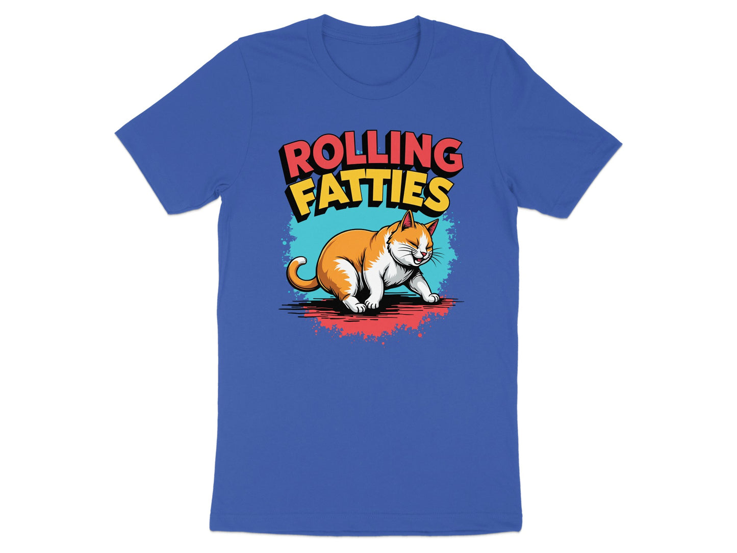 Blue t-shirt with cartoon cat and "ROLLING FATlies" text.