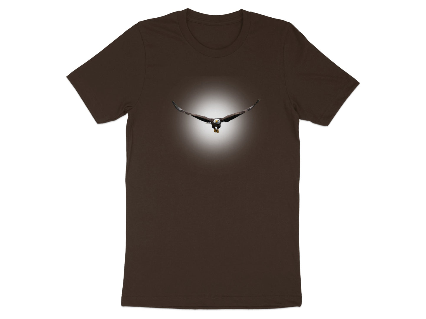 Brown t-shirt with a bald eagle in flight centered on chest.