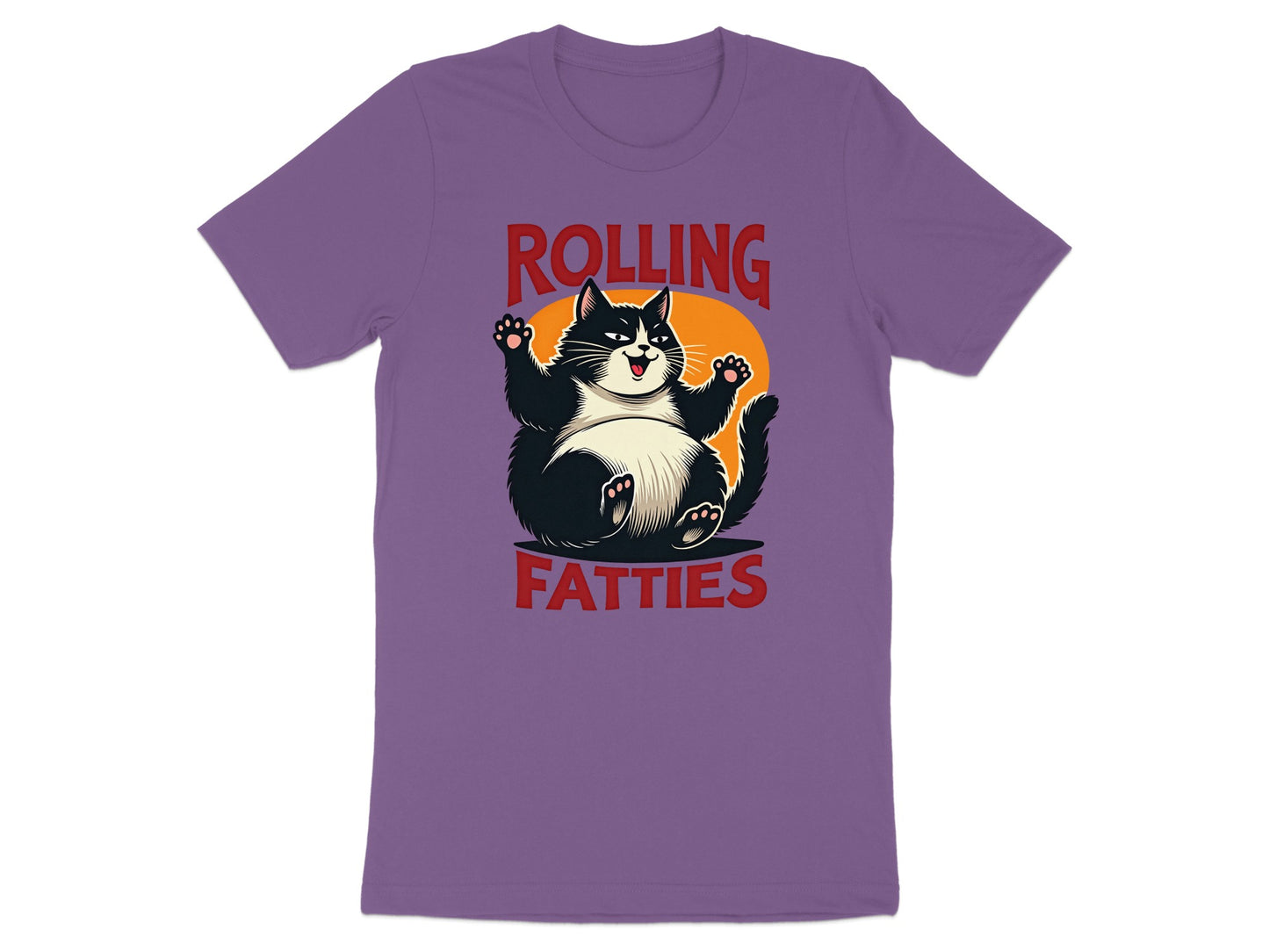 Black and white cat with arms raised on purple t-shirt.
