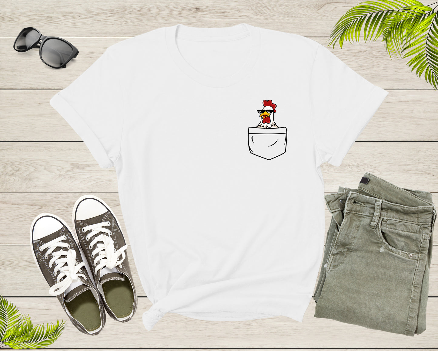 Cool Chicken Hen Rooster in Pocket with Meme Sunglasses T-Shirt Pocket Chicken Shirt for Men Women Kids Boys Girls Teens Graphic Tshirt
