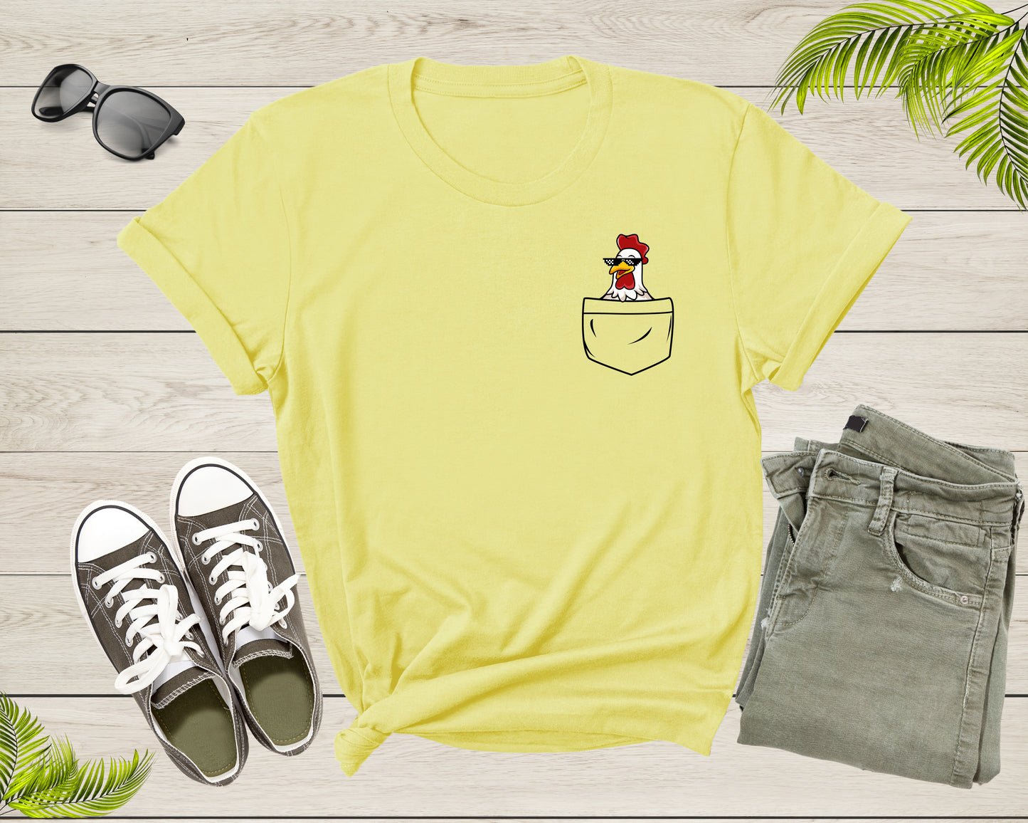 Cool Chicken Hen Rooster in Pocket with Meme Sunglasses T-Shirt Pocket Chicken Shirt for Men Women Kids Boys Girls Teens Graphic Tshirt