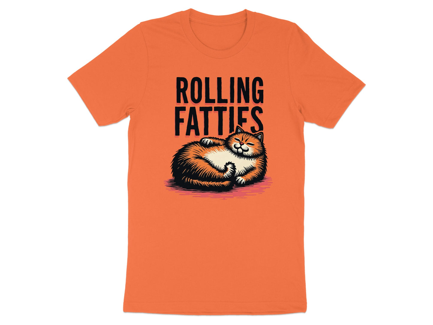Orange t-shirt with a graphic of a sleeping cat and the text "ROLLING FATTIES".