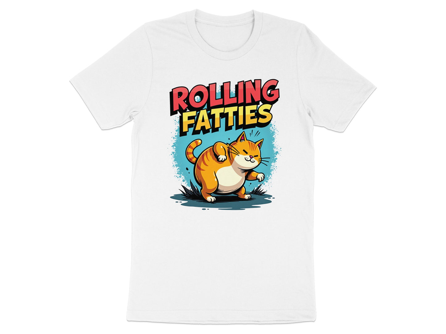 White t-shirt with cartoon cat and text "ROLLING FATTIES".