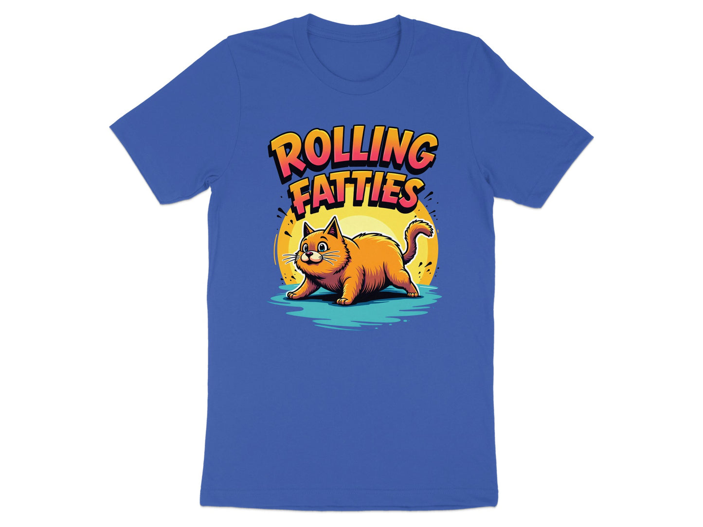 Cartoon cat with "ROLLING FATTIES" text on a blue t-shirt.