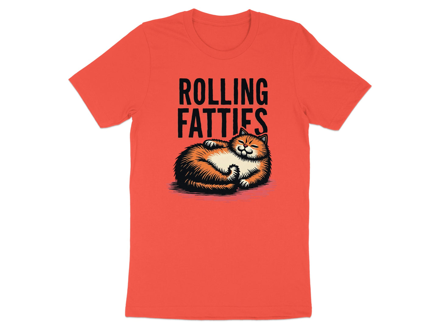Orange t-shirt with black text "ROLLING FAT TIES" and cartoon cat.