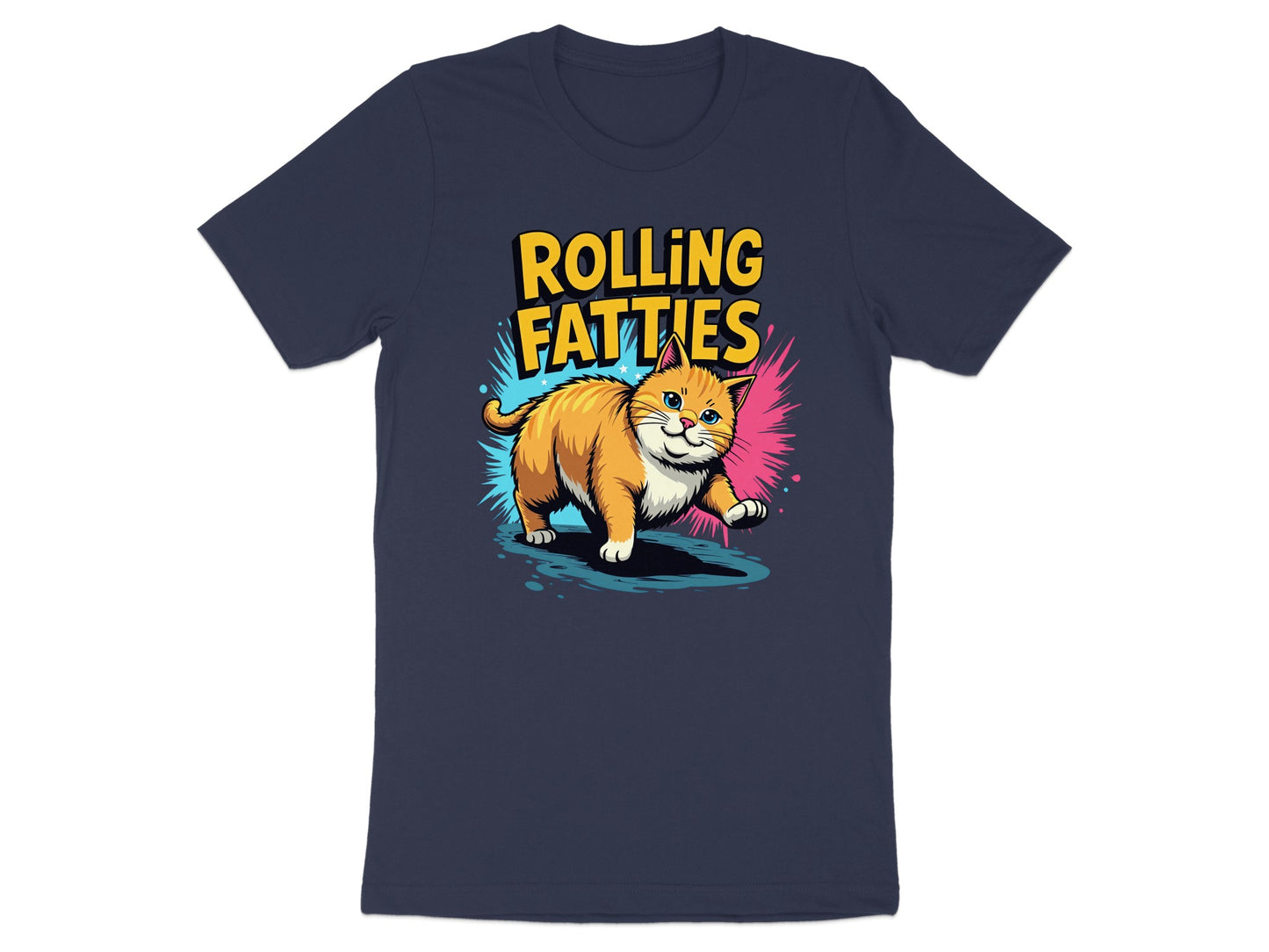 Orange tabby cat with "ROLLING FATTIES" text on a dark blue t-shirt.