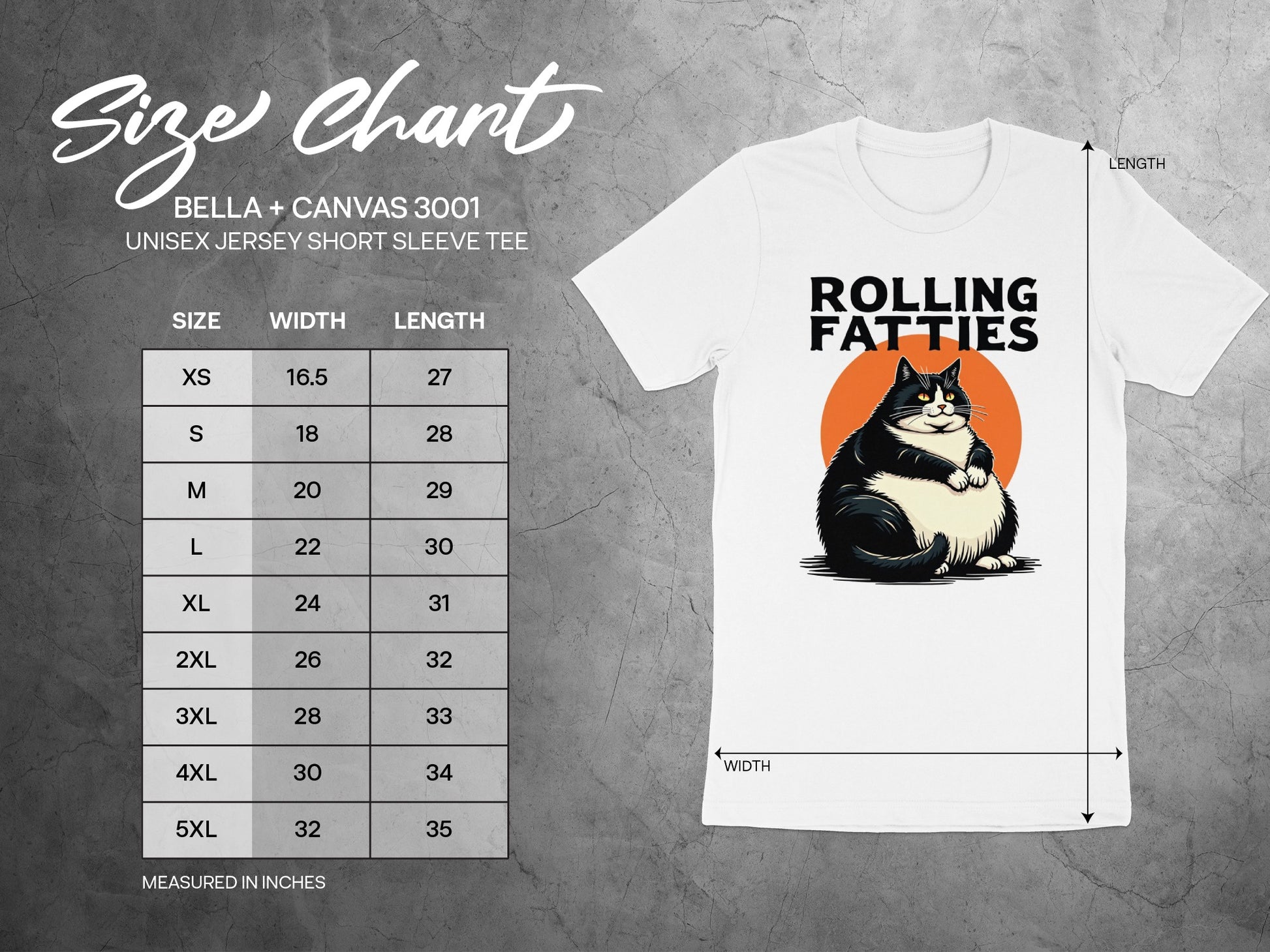 Bella+Canvas 3001 size chart for "Rolling Fatties" unisex tee.