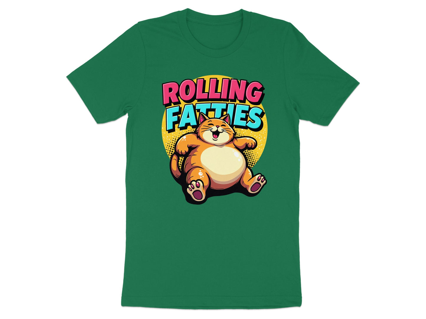 Green t-shirt with cartoon of a plump cat and "ROLLING FATTIES" text.