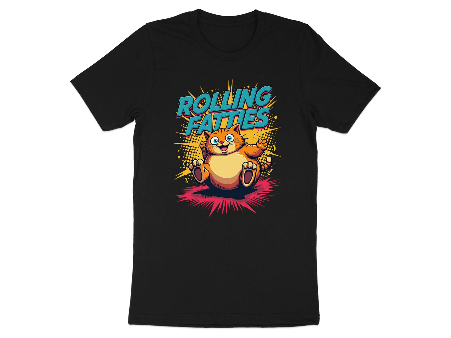 Orange cat with text "ROLLING FAT" on a black t-shirt.