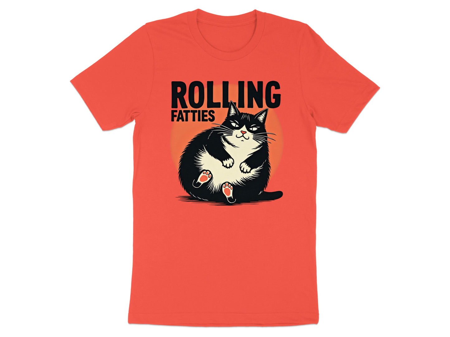 Black cat with "ROLLING FATTIES" text on an orange t-shirt.