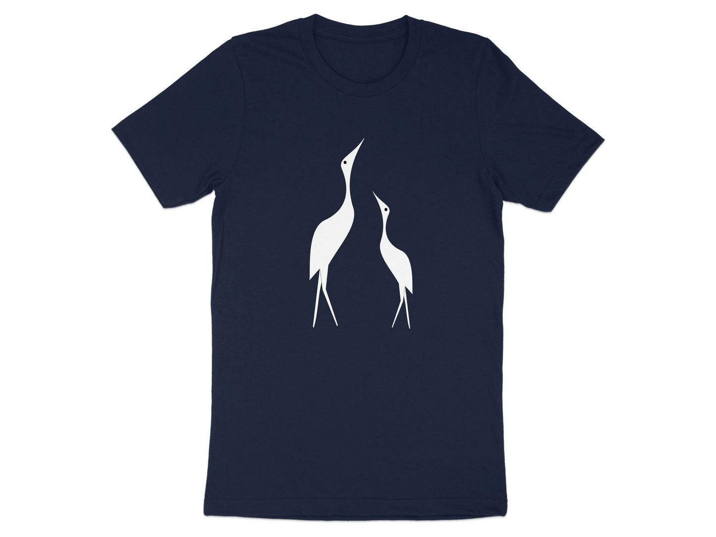 Navy t-shirt with white minimalist illustration of two cranes looking up.