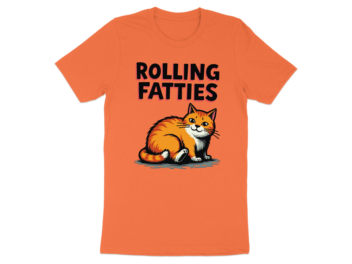 Orange t-shirt with "ROLLING FATTIES" text and cartoon cat graphic.