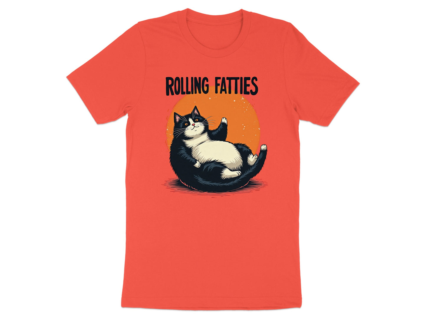 Orange t-shirt with black and white cat lying down, text "ROLLING FATTIES".