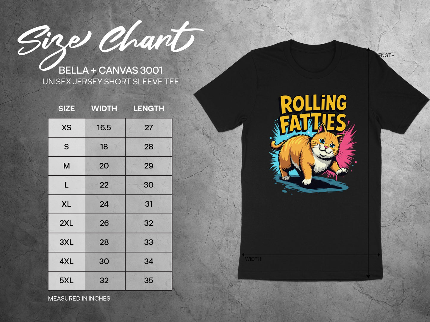 Size chart for Bella + Canvas 3001 unisex tee with "Rolling Fatties" graphic.