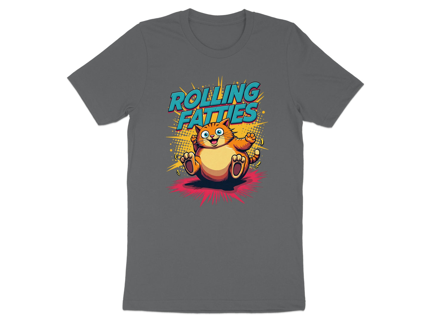 Cartoon cat with outstretched arms and "Rolling Fatties" text.