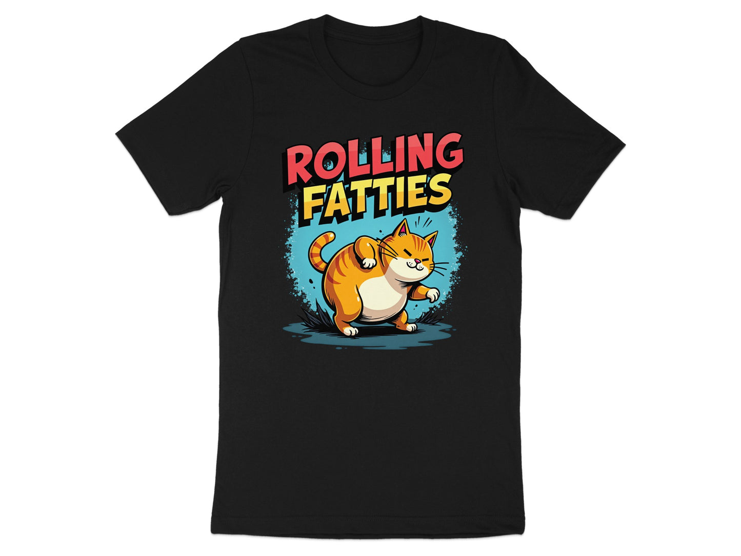 Cartoon cat with "ROLLING FATTIES" text on black t-shirt.