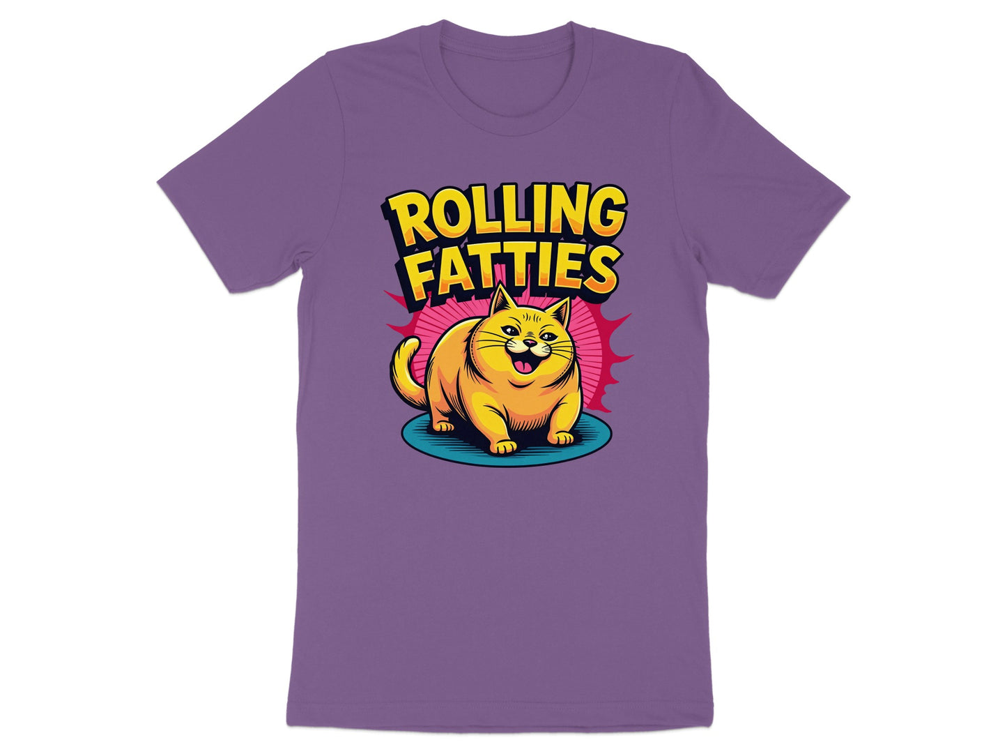 Purple t-shirt with cartoon cat and text "ROLLING FATTIES".