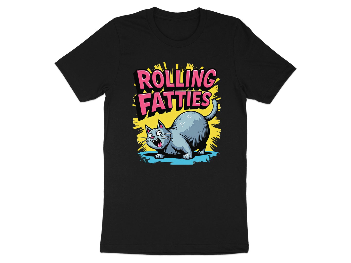 Cartoon cat with text "ROLLING FATTTIES" on a black t-shirt.
