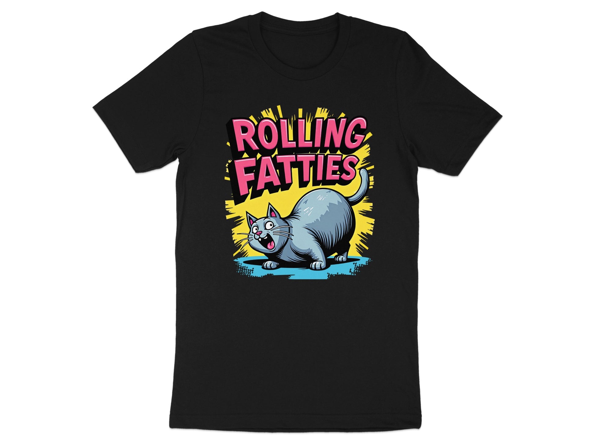 Cartoon cat with text "ROLLING FATTTIES" on a black t-shirt.
