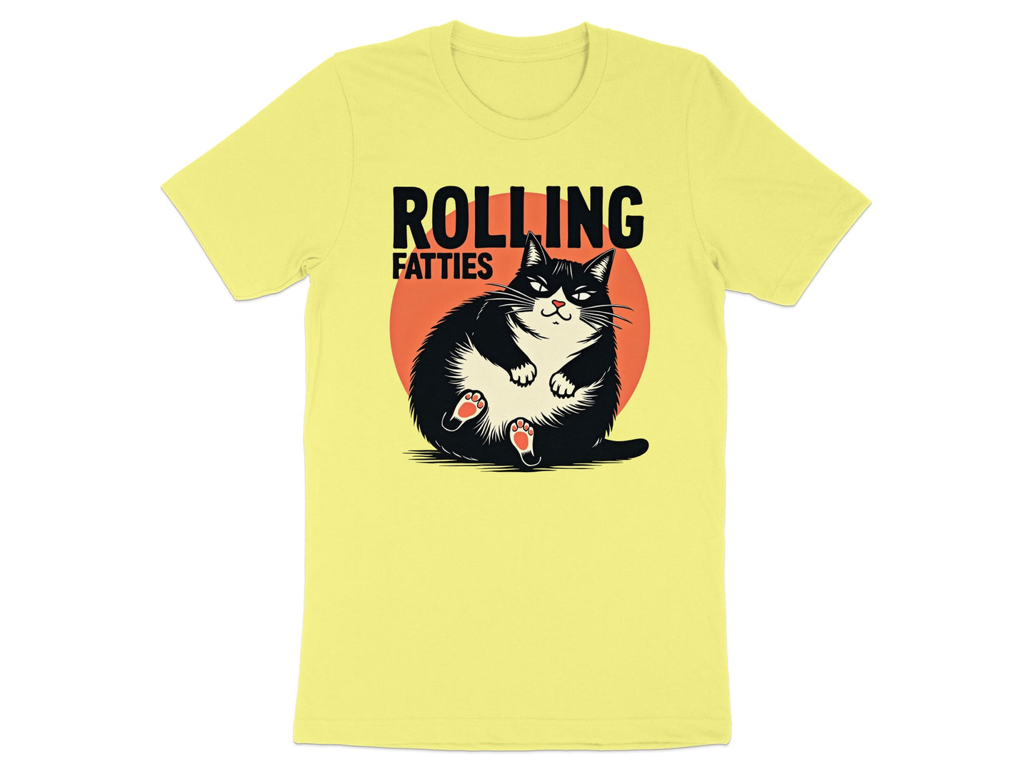 T-shirt with black cat and "ROLLING FATlies" text on yellow shirt.