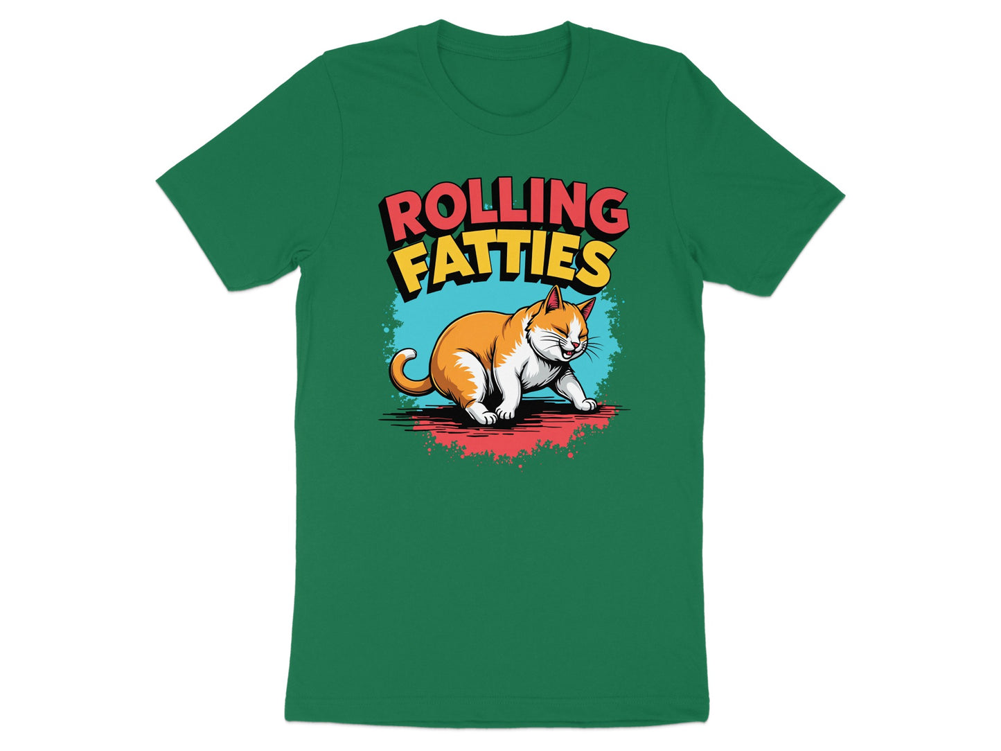 Green t-shirt with cartoon cat and "Rolling Fatties" text.